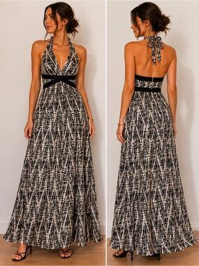 VINTAGE BCBG 100% Silk Halter Y2K Maxi Dress